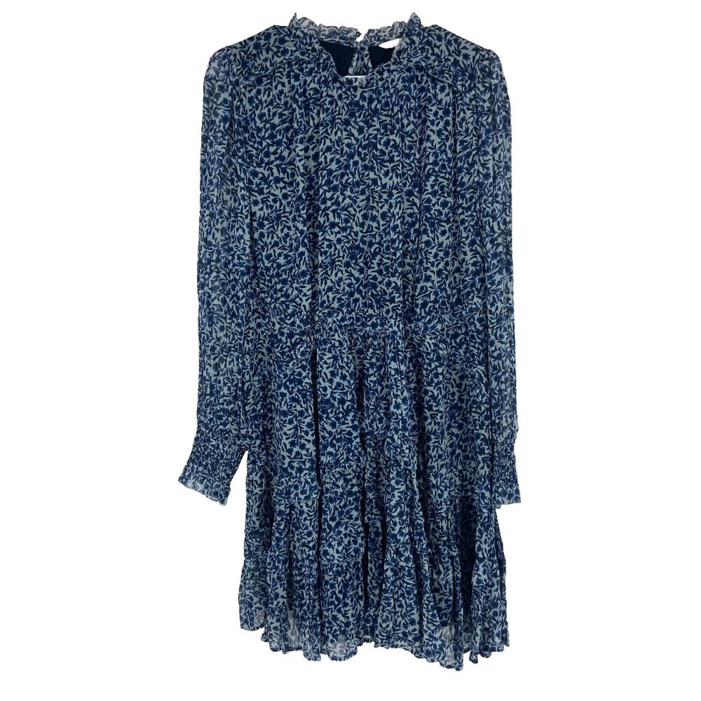 Boden Women 14 Ruffle Open Back Mini Dress Floral Blue Sheer Lined Long Sleeve